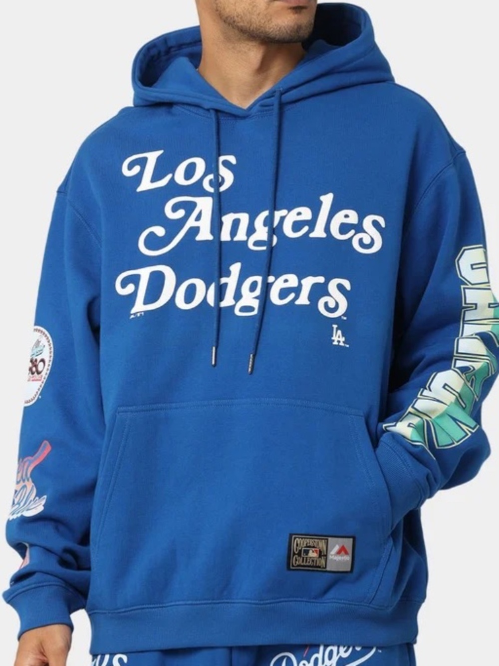Majestic Los Angeles Dodgers Print Hoodie Sz M Royal Blue Patch MLB Cooperstown